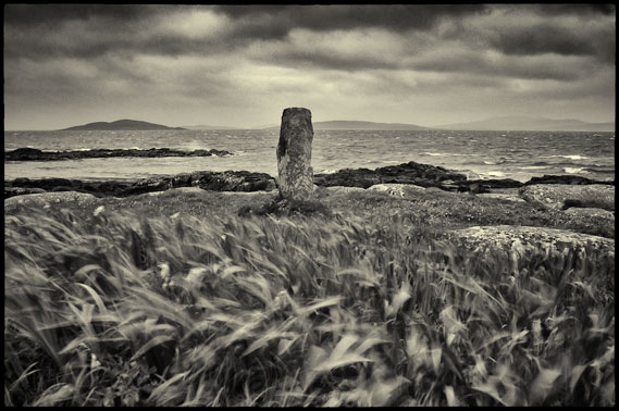 Wind blown grasses in the foreground with a standing stone next to the sea